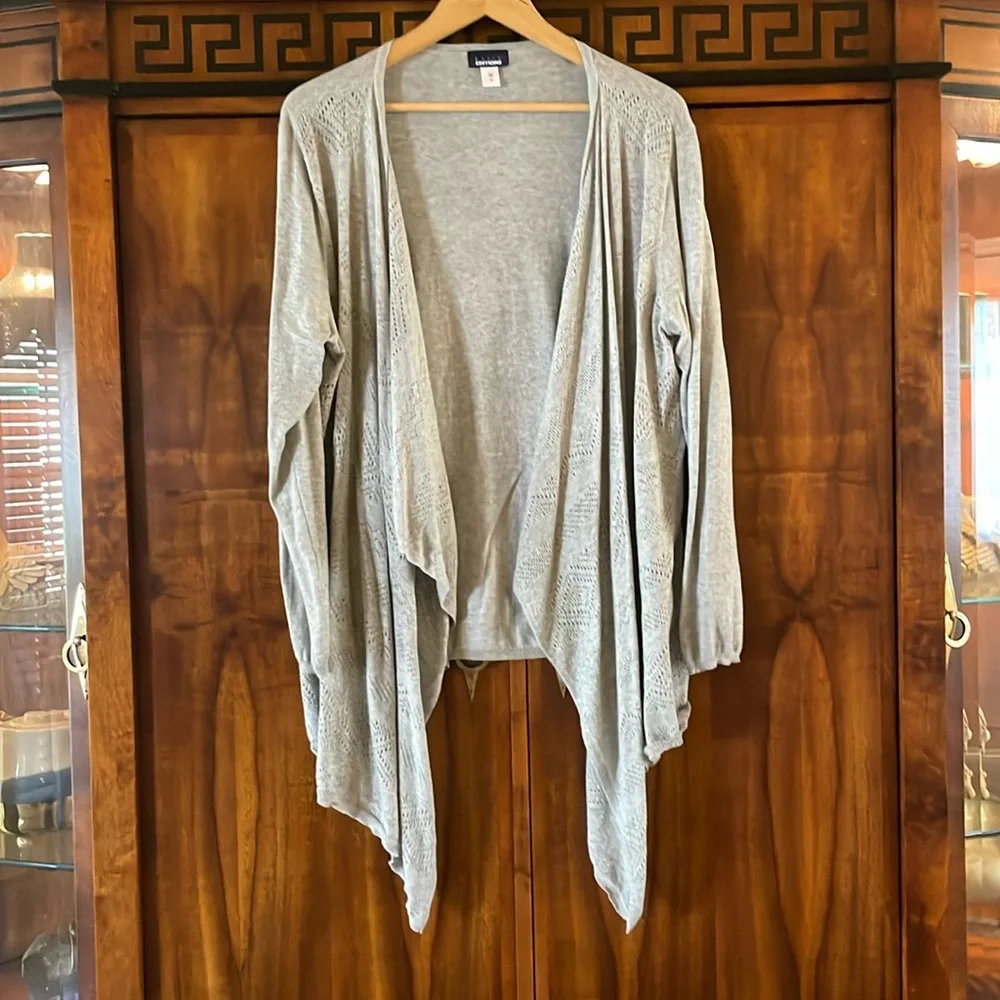 Basic Editions Womens Gray Cardigan XL Cotton Open Front Drapey Crochet Detail - Picture 6 of 9